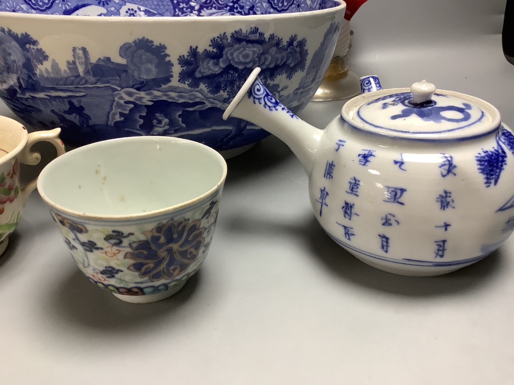 A Copeland Spode blue and white bowl, various cups, teapot etc, a pair of Venetian glass candelabra